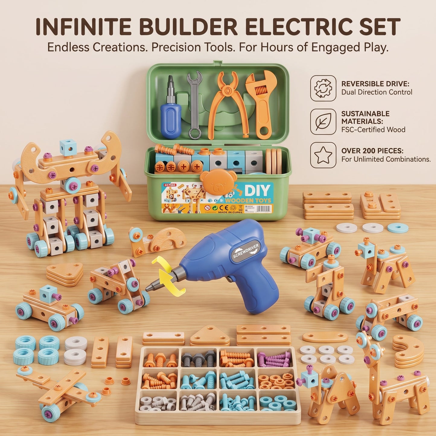 DIY Construction Toolbox with Electric Drill (126 Pieces)