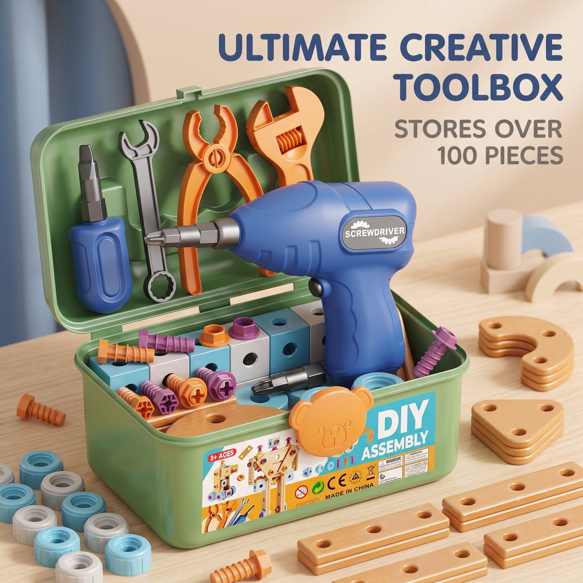 DIY Construction Toolbox with Electric Drill (126 Pieces)